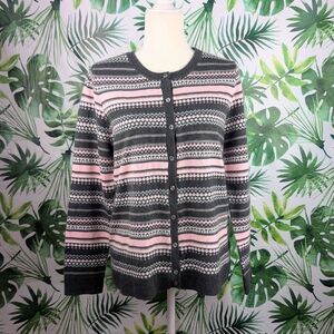 Croft & Barrow Pink & Gray Striped Cardigan (Size: Medium)9.8oz